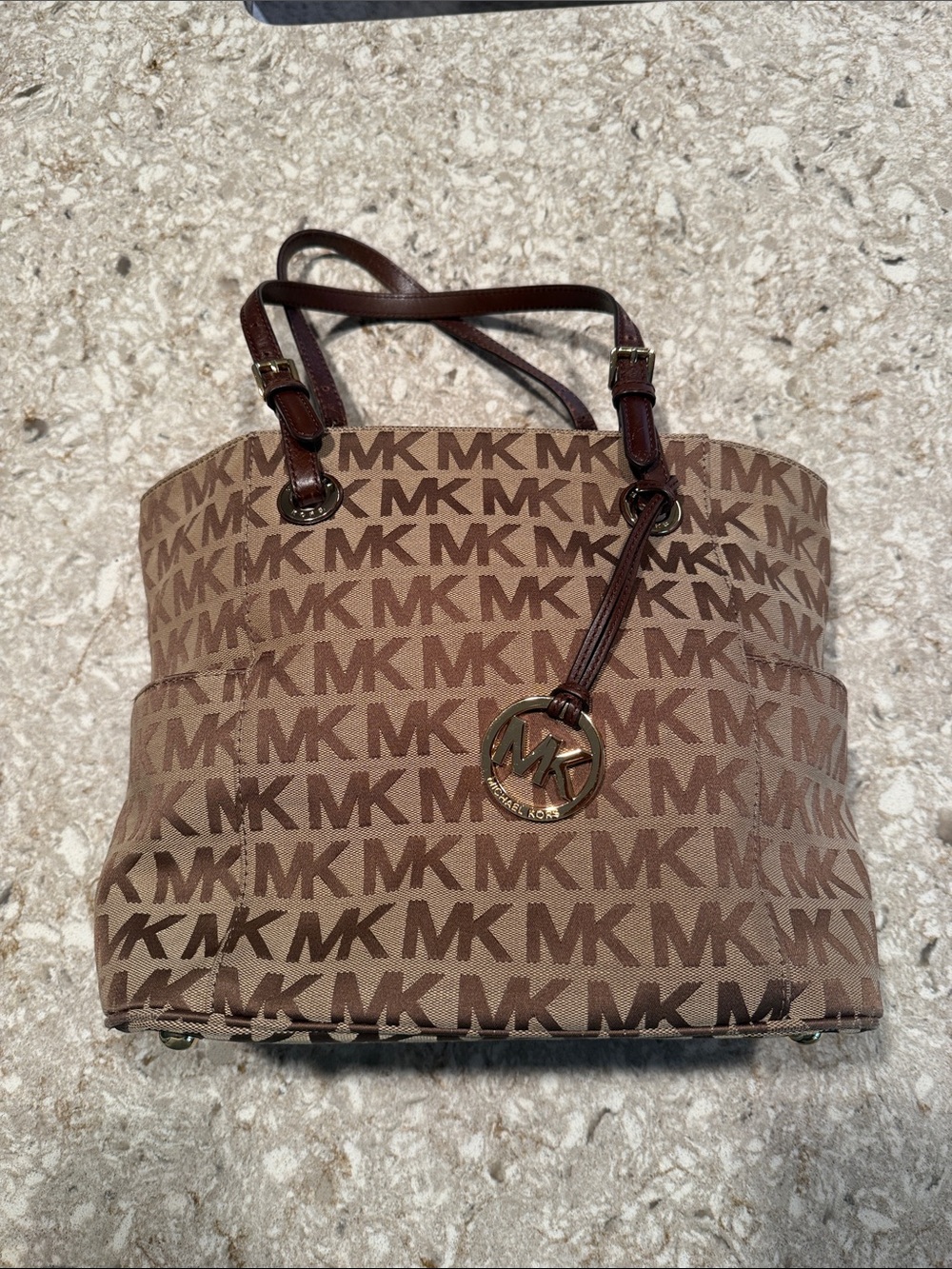 Michael Kors Brown MK Logo Tote with Gold Charm
